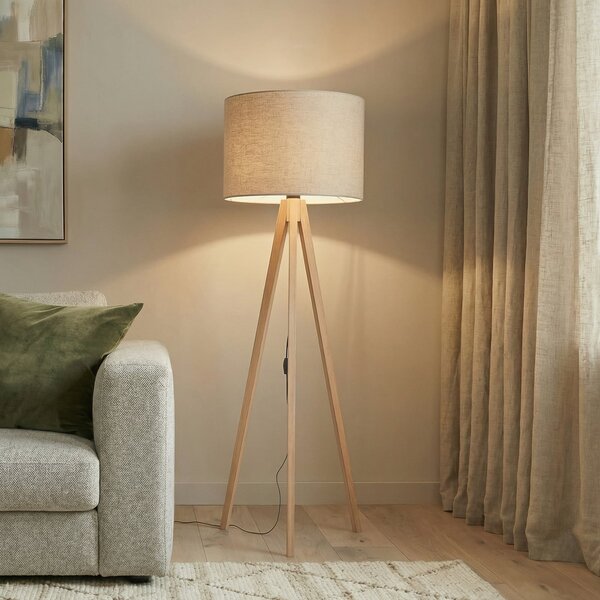 TK Lighting Velika podna lampa, bež/bor, visina 145 cm, E27, Drvo, Dnevni boravak/blagovaonica, Drvo, tronožac