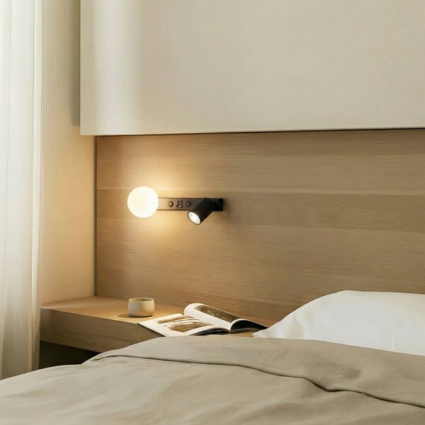 TK Lighting Vox zidna svjetiljka, crna, staklo, širine 35 cm, USB, prigušiva, Crno, Dnevni boravak/blagovaonica, Staklo