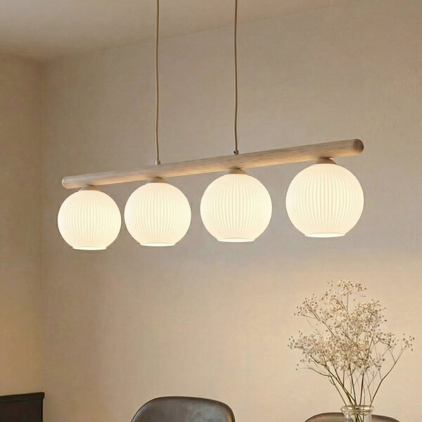 TK Lighting Viseća svjetiljka Virlo, 4 žarulje, drvo, opalno staklo, duljina 95 cm, prigušiva, Bijela, Dnevni boravak/blagovaonica, Staklo