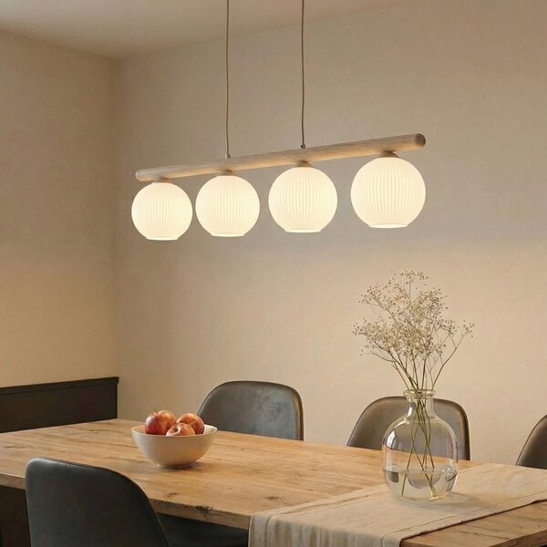 TK Lighting Viseća svjetiljka Virlo, 4 žarulje, drvo, opalno staklo, duljina 95 cm, prigušiva, Bijela, Dnevni boravak/blagovaonica, Staklo