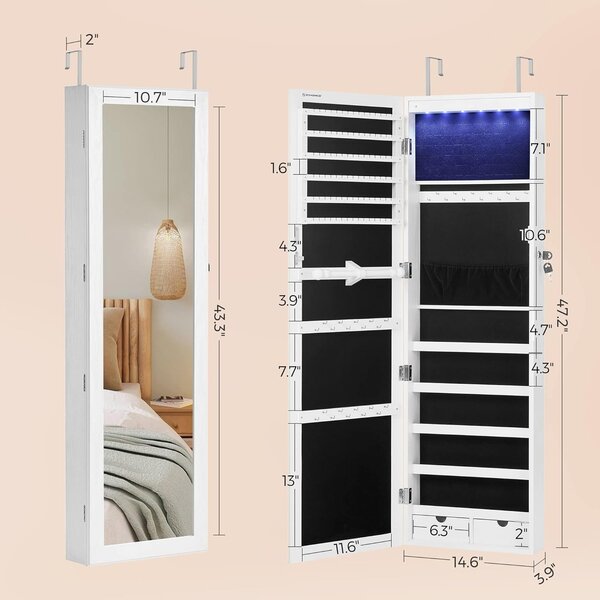 Ormarić za nakit s ogledalom i 6 LED svjetala, 10 x 37 x 120 cm, bijeli | SONGMICS