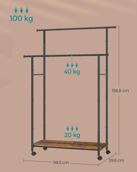Dvostruki stalak za odjeću sa policom, 39,6 x 98,5 x 156,8 cm, rustikalno smeđi i crni