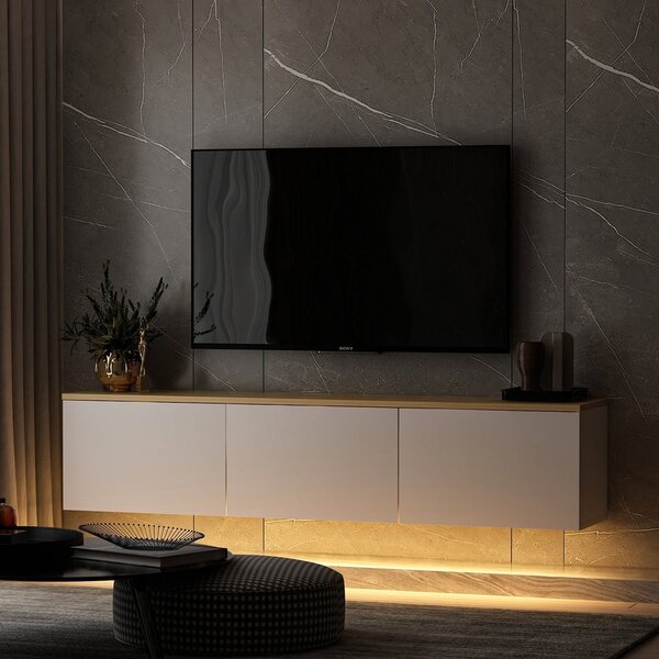 Bijela/u prirodnoj boji TV komoda u dekoru hrasta 160x35x32 cm Neon – Kalune Design