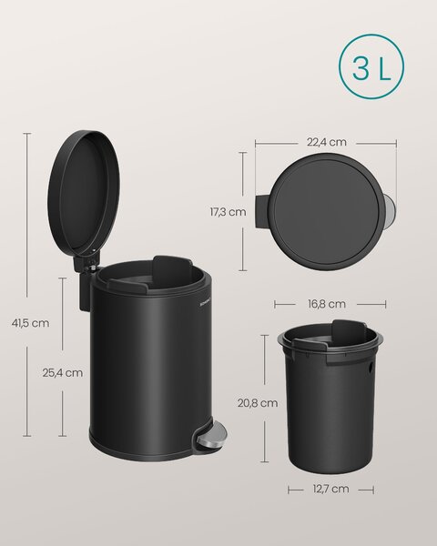 Mala kanta za smeće sa pedalom, 3l, 22,4 x 17,3 x 25,4 cm, crna | SONGMICS