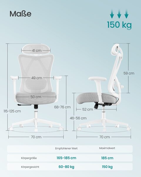 Ergonomska uredska stolica s mrežastim naslonom, 70 × 70 × (115–125) cm, bijelo-siva