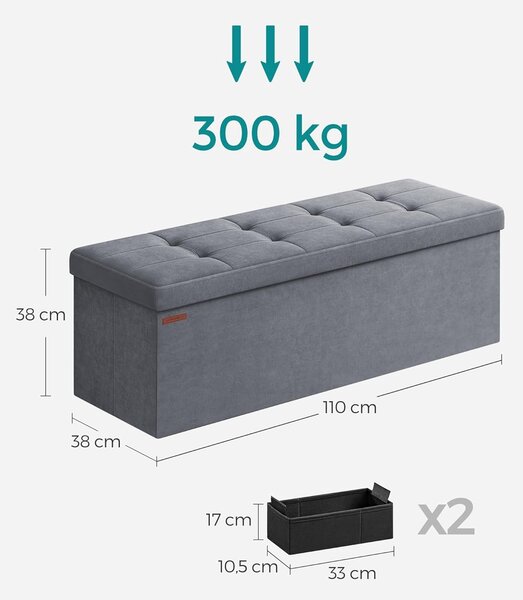 Sklopivi puf s prostorom za pohranu 38 x 110 x 38 cm, nosivost 300 kg, siva