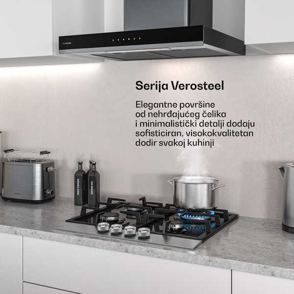 Klarstein Verosteel plinska ploča za kuhanje + Verosteel dimnjačka napa | nehrđajući čelik | 60 cm