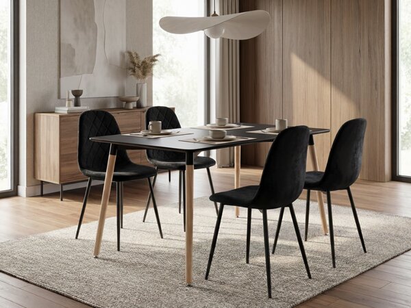 Blagovaonski set 1 + 4, crni stol ADRIA 120x80 cm + crna baršunasta stolica ASTI s crnim nogama