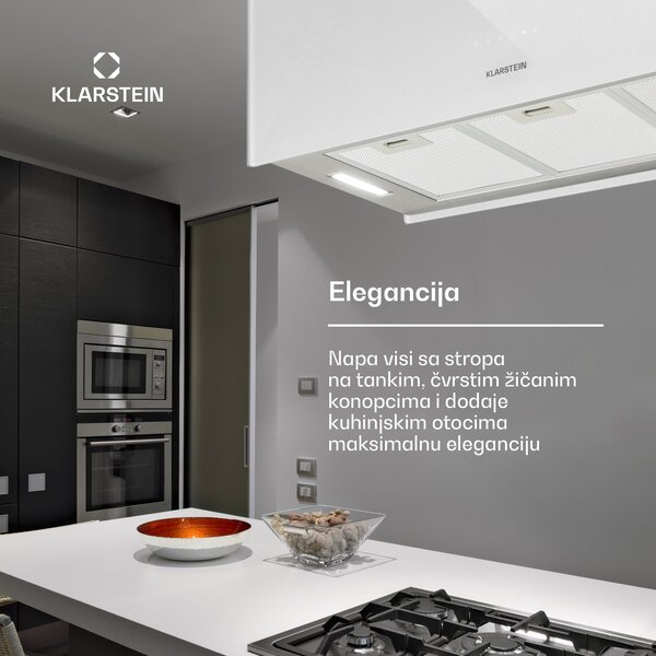Klarstein Kronleuchter XL, otočna kuhinjska napa, 90 cm, usisna snaga 577 m³/h, LED, zaslon osvjetljiv na dodir, bijela