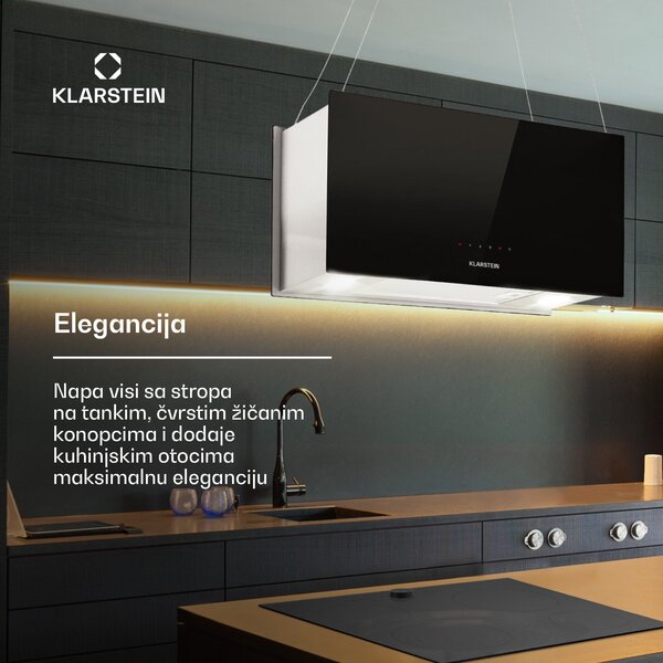 Klarstein Kronleuchter L, stropna otočna kuhinjska napa, 60 cm, snaga recirkulacije 577 m³/h, LED, zaslon osvjetljiv na dodir, crna