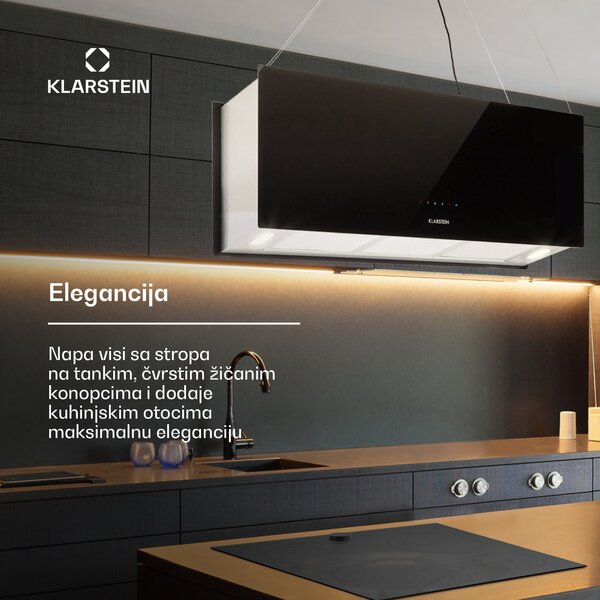 Klarstein Kronleuchter XL, stropna otočna kuhinjska napa, 90 cm, snaga recirkulacije 577 m³/h, LED, zaslon osvjetljiv na dodir, crna