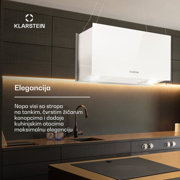 Klarstein Kronleuchter L, stropna otočna kuhinjska napa, 60 cm, snaga recirkulacije 577 m³/h, LED, zaslon osvjetljiv na dodir, bijela