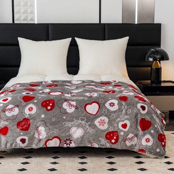 Božićna deka od mikropliša CHRISTMAS HEART siva Dimenzije: 150 x 200 cm