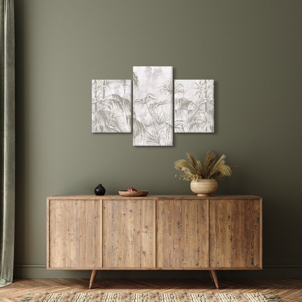 Slika - Tropske rastline na steni v sivi barvi (90x60 cm)