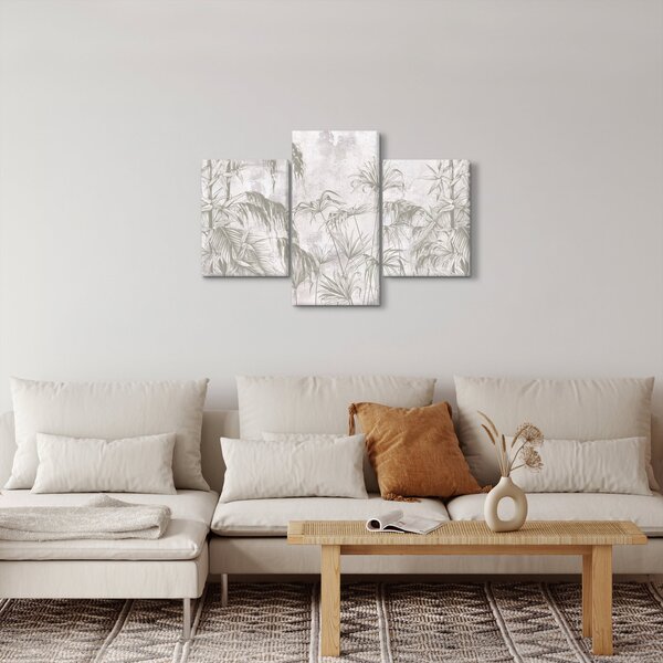 Slika - Tropske rastline na steni v sivi barvi (90x60 cm)