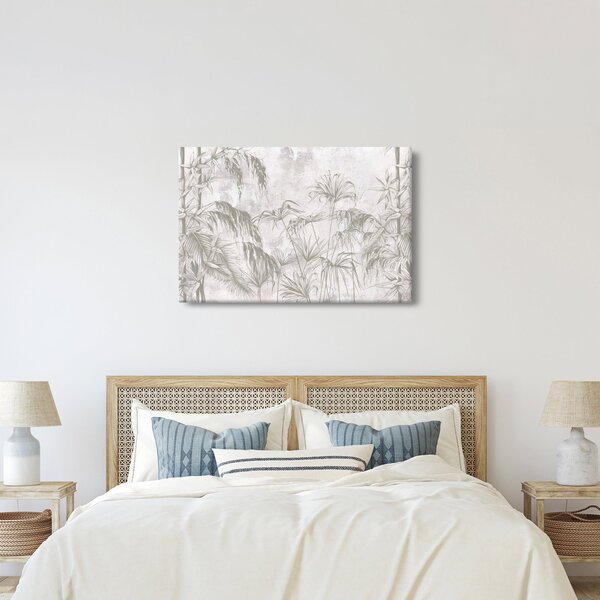 Slika - Tropske rastline na steni v sivi barvi (90x60 cm)