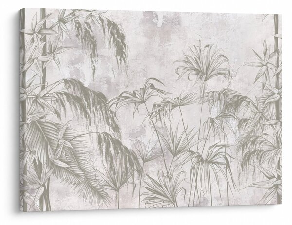 Slika - Tropske rastline na steni v sivi barvi (70x50 cm)