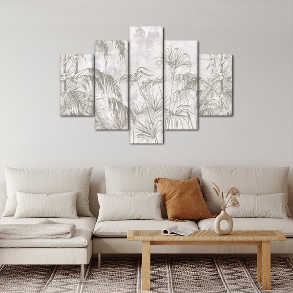 Slika - Tropske rastline na steni v sivi barvi (150x105 cm)