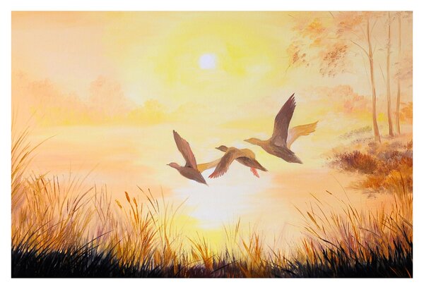 Slika - Žerjavi ob sončnem zahodu (90x60 cm)