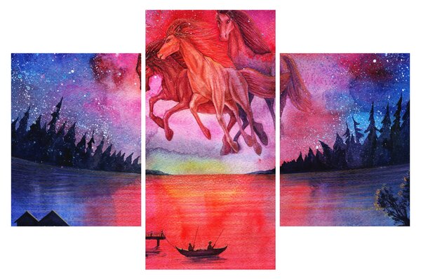 Slika - Prikaz vesoljskih konjev nad jezerom, akvarel (90x60 cm)