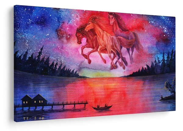 Slika - Prikaz vesoljskih konjev nad jezerom, akvarel (90x60 cm)