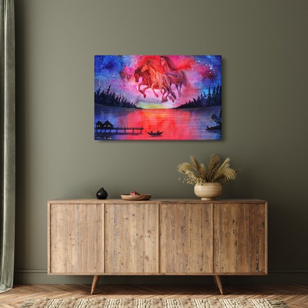 Slika - Prikaz vesoljskih konjev nad jezerom, akvarel (90x60 cm)