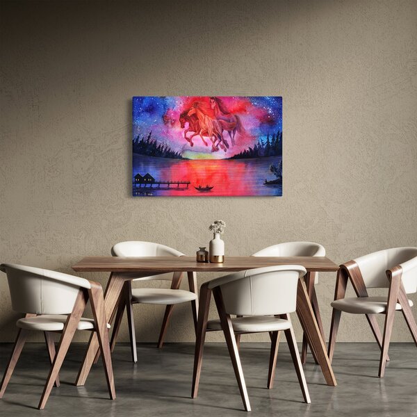 Slika - Prikaz vesoljskih konjev nad jezerom, akvarel (90x60 cm)