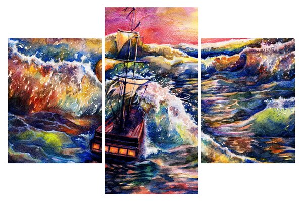Slika - Ladja na oceanskih valovih, akvarel (90x60 cm)