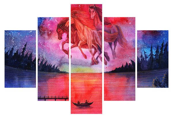 Slika - Prikaz vesoljskih konjev nad jezerom, akvarel (150x105 cm)