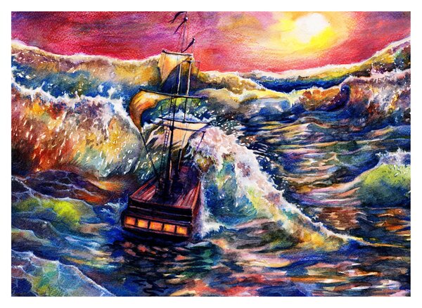 Slika - Ladja na oceanskih valovih, akvarel (70x50 cm)