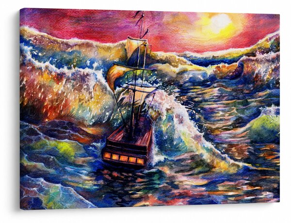 Slika - Ladja na oceanskih valovih, akvarel (70x50 cm)