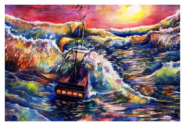 Slika - Ladja na oceanskih valovih, akvarel (90x60 cm)