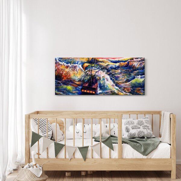 Slika - Ladja na oceanskih valovih, akvarel (120x50 cm)
