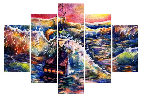 Slika - Ladja na oceanskih valovih, akvarel (150x105 cm)