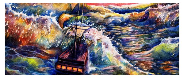 Slika - Ladja na oceanskih valovih, akvarel (120x50 cm)