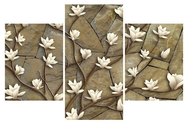 Slika - Bele magnolije na kamnitem zidu (90x60 cm)