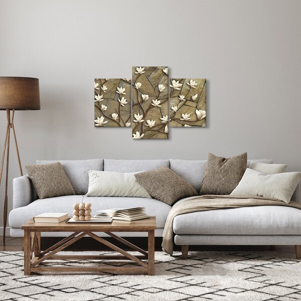 Slika - Bele magnolije na kamnitem zidu (90x60 cm)