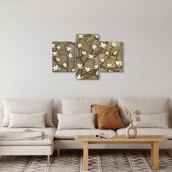 Slika - Bele magnolije na kamnitem zidu (90x60 cm)