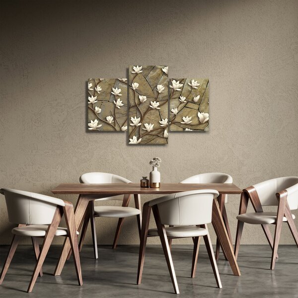 Slika - Bele magnolije na kamnitem zidu (90x60 cm)