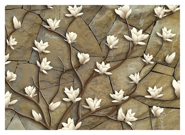 Slika - Bele magnolije na kamnitem zidu (70x50 cm)