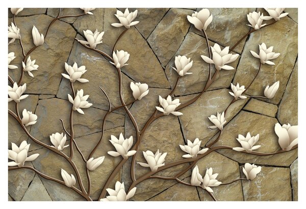 Slika - Bele magnolije na kamnitem zidu (90x60 cm)