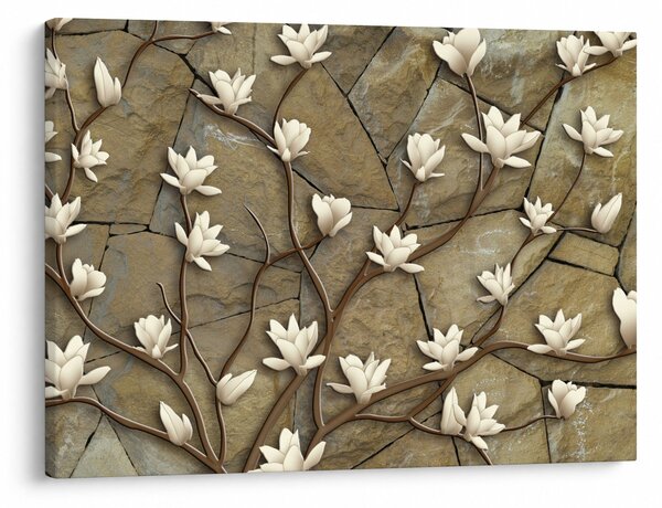 Slika - Bele magnolije na kamnitem zidu (70x50 cm)