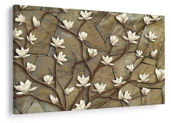 Slika - Bele magnolije na kamnitem zidu (90x60 cm)