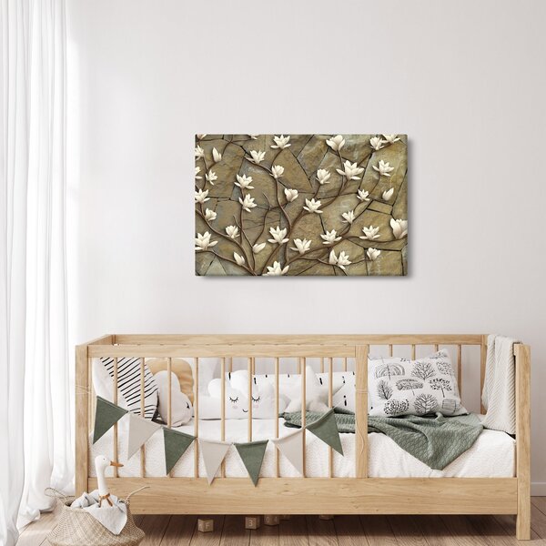 Slika - Bele magnolije na kamnitem zidu (90x60 cm)