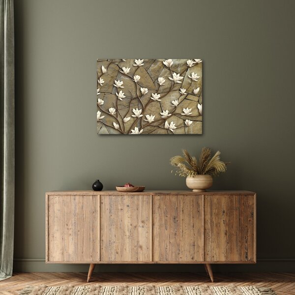 Slika - Bele magnolije na kamnitem zidu (70x50 cm)