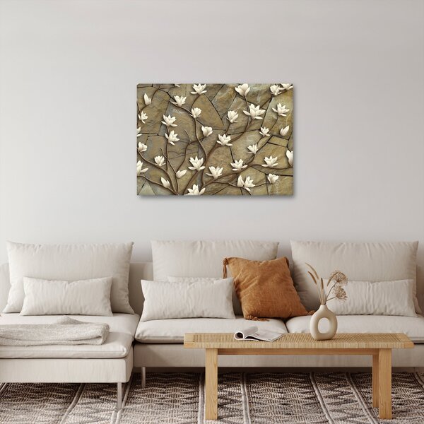 Slika - Bele magnolije na kamnitem zidu (70x50 cm)