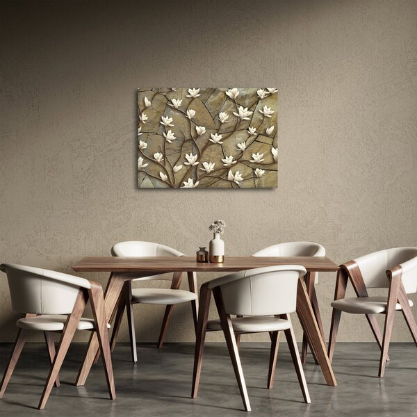 Slika - Bele magnolije na kamnitem zidu (70x50 cm)