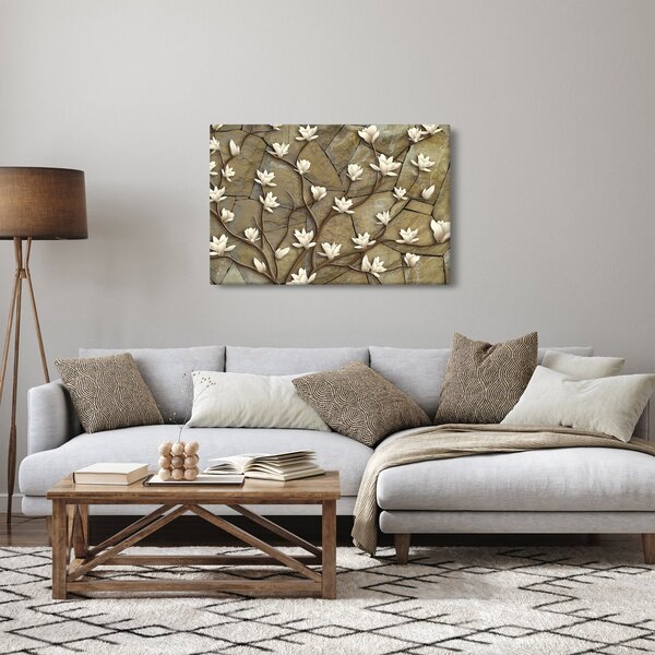 Slika - Bele magnolije na kamnitem zidu (90x60 cm)