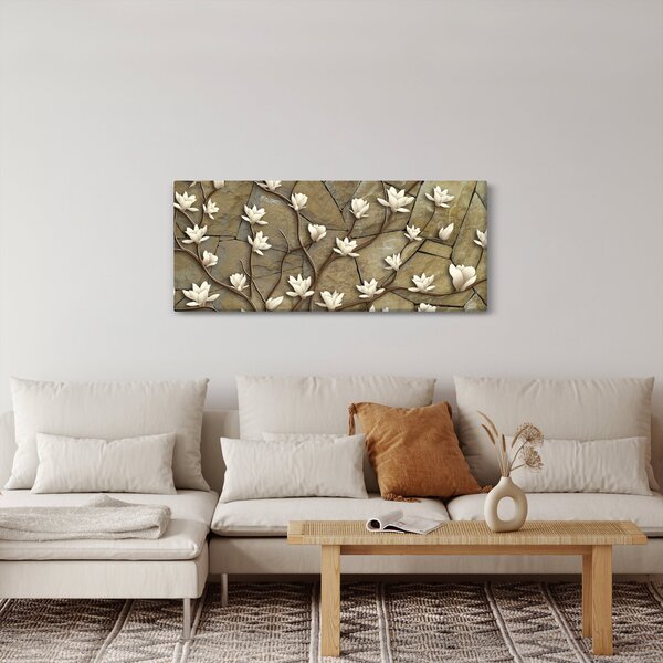 Slika - Bele magnolije na kamnitem zidu (120x50 cm)