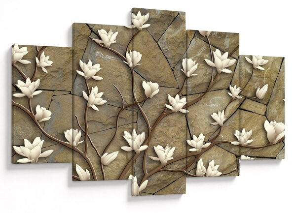 Slika - Bele magnolije na kamnitem zidu (150x105 cm)
